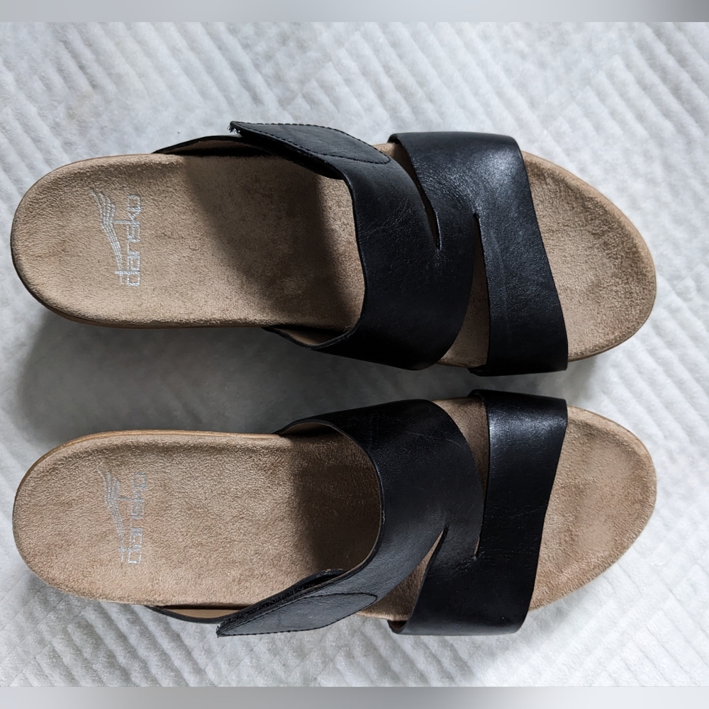Dansko Black Leather Slide Mules with Wood-Effect Wedge - Picture 5 of 13